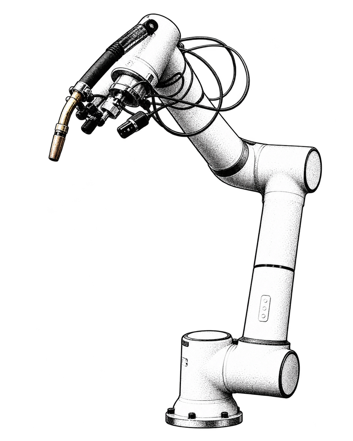 Substrato's welding robot, isolated from the workshop photo with its torch and cable loops in a black and white dithered print.